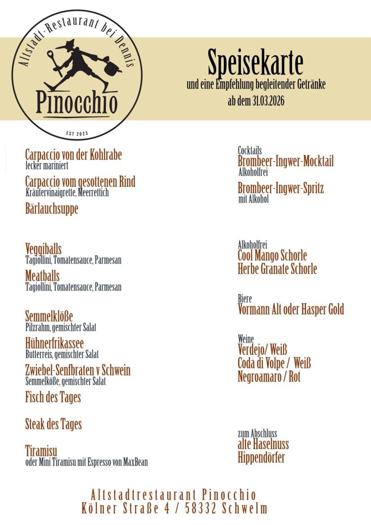 Unsere Speisekarte vom 31.03.2026 bis zum 11.04.2026