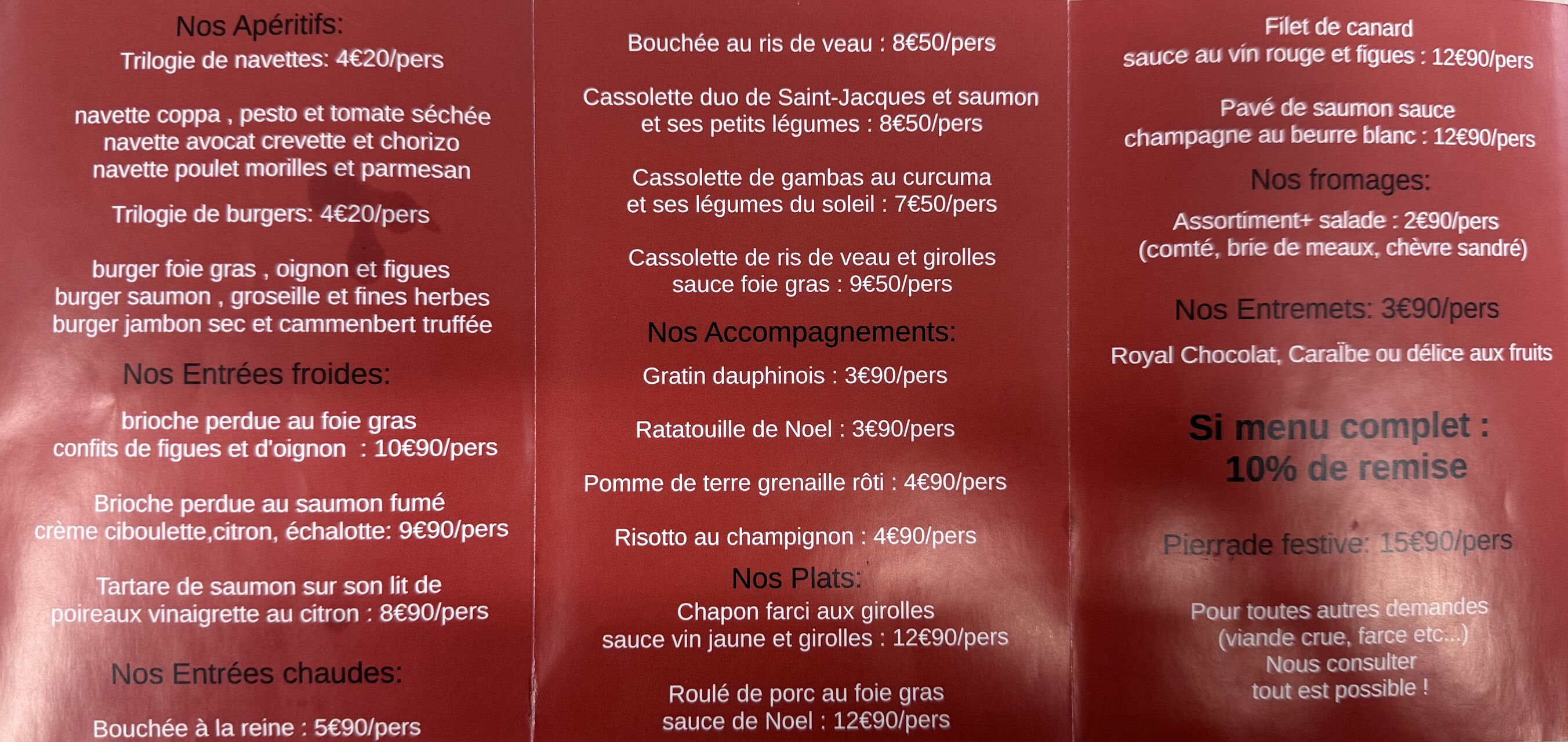 Menu des fêtes 2025