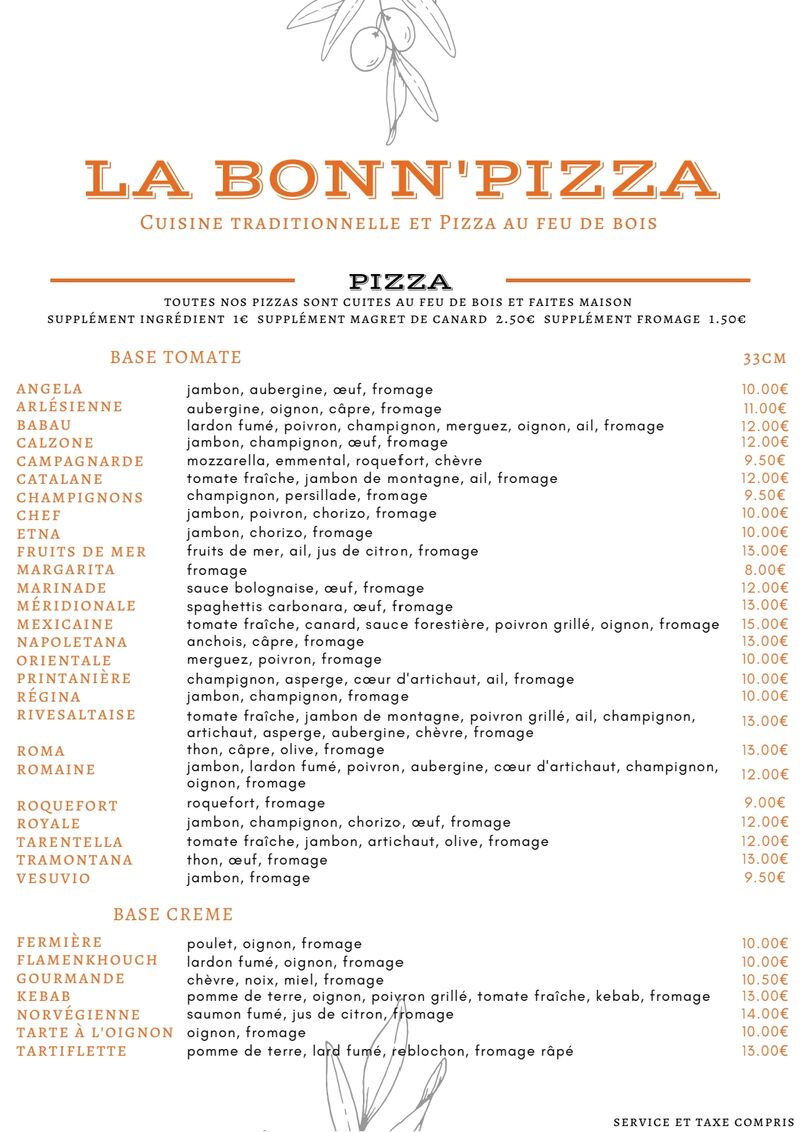 Carte pizzas sur place ou emporter 