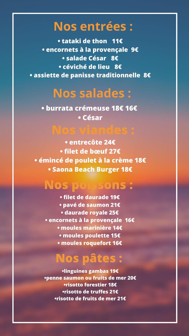 Nos entrées, Nos Viandes et Nos poissons et Nos pâtes 