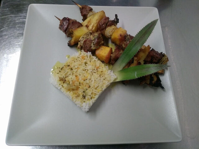 Brochettes de Porc riz sauce coco