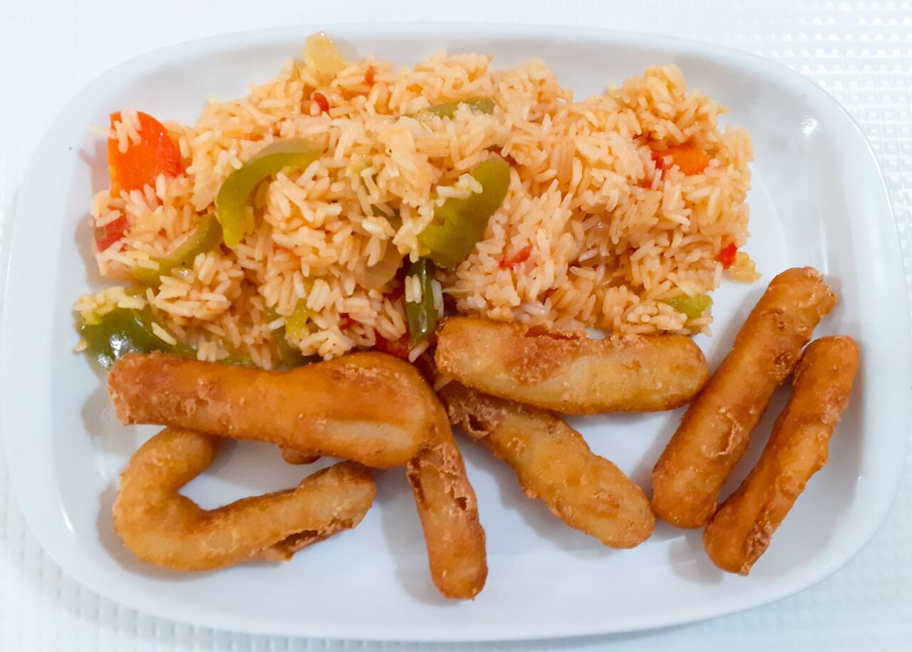 Pota Frita com Arroz de Pimentos