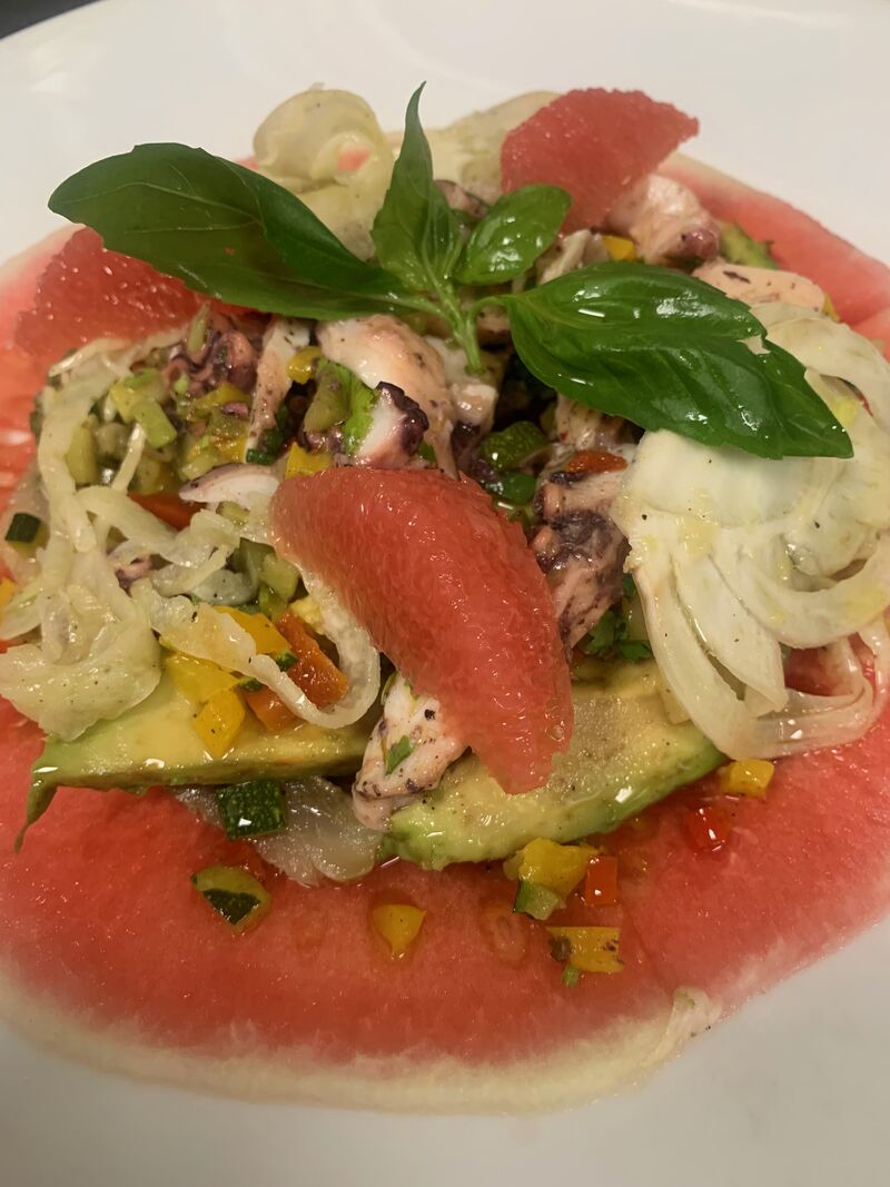 Salade de poulpe sur carpaccio de pastèque