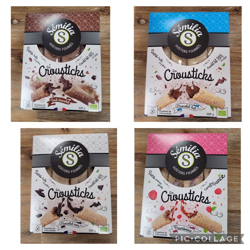 les Crousticks chocolat lait, noir, tout chocolat ou framboises Sémilia disponible en boutique !