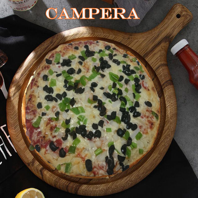 Tomate Base, Queso, Cebolla, Pimiento Verde y Aceitunas Negras.