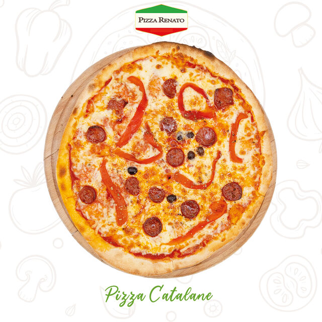 Tomate, fromage, poivrons, chorizo, olives et origan.33 cm.