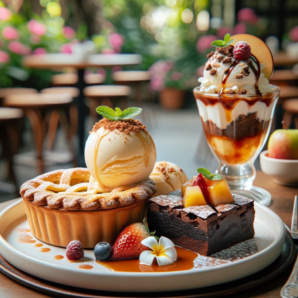 szarlotka na ciepło z lodami, brownie z sosem owocowym i lodami oraz deser lodowy z kruszonką czekoladową i owocami