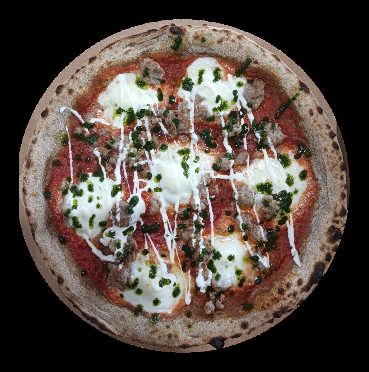 Mars La Salsiccia - Base tomate, buffala, chair à saucisse, persillade maison, filet de crème fraîche 