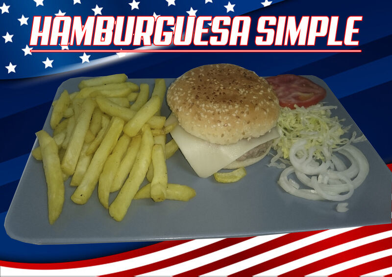 Carne, Queso, Lechuga, Cebolla y Tomate Natural.
