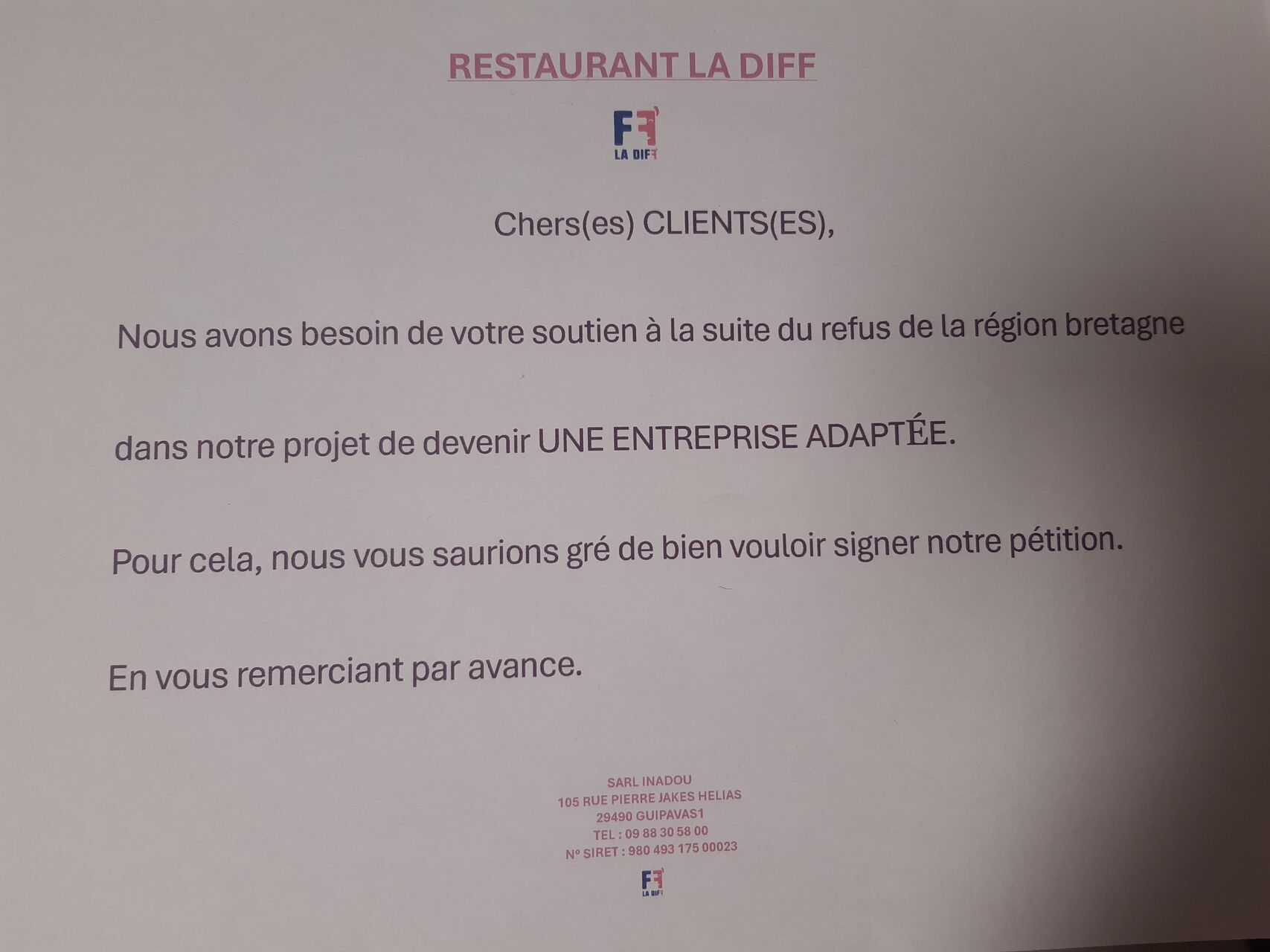 Dénonciation et appel à soutien pour le refus du label d'ENTREPRISE ADAPTEE