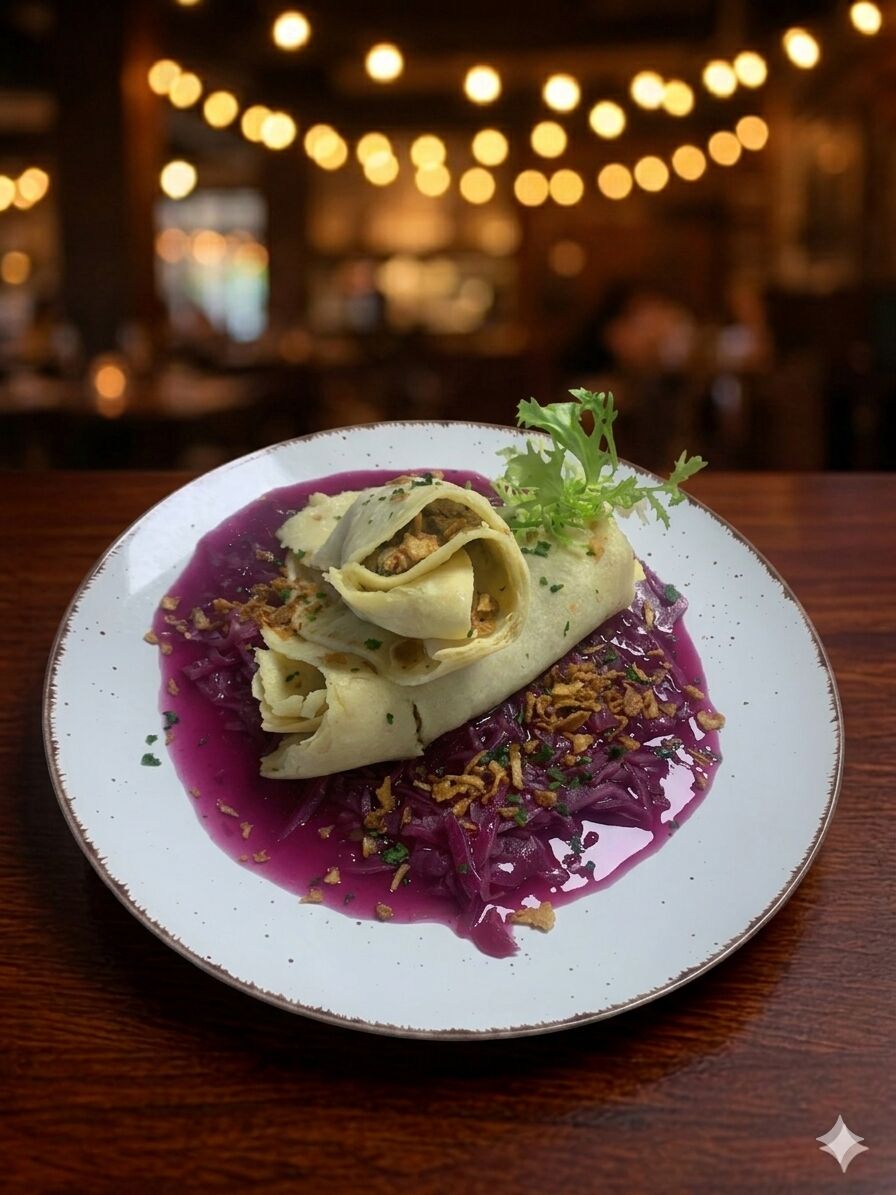 Zemiaková lokša plnená kuracou pečeňou s karamelizovanou červenou kapustou 