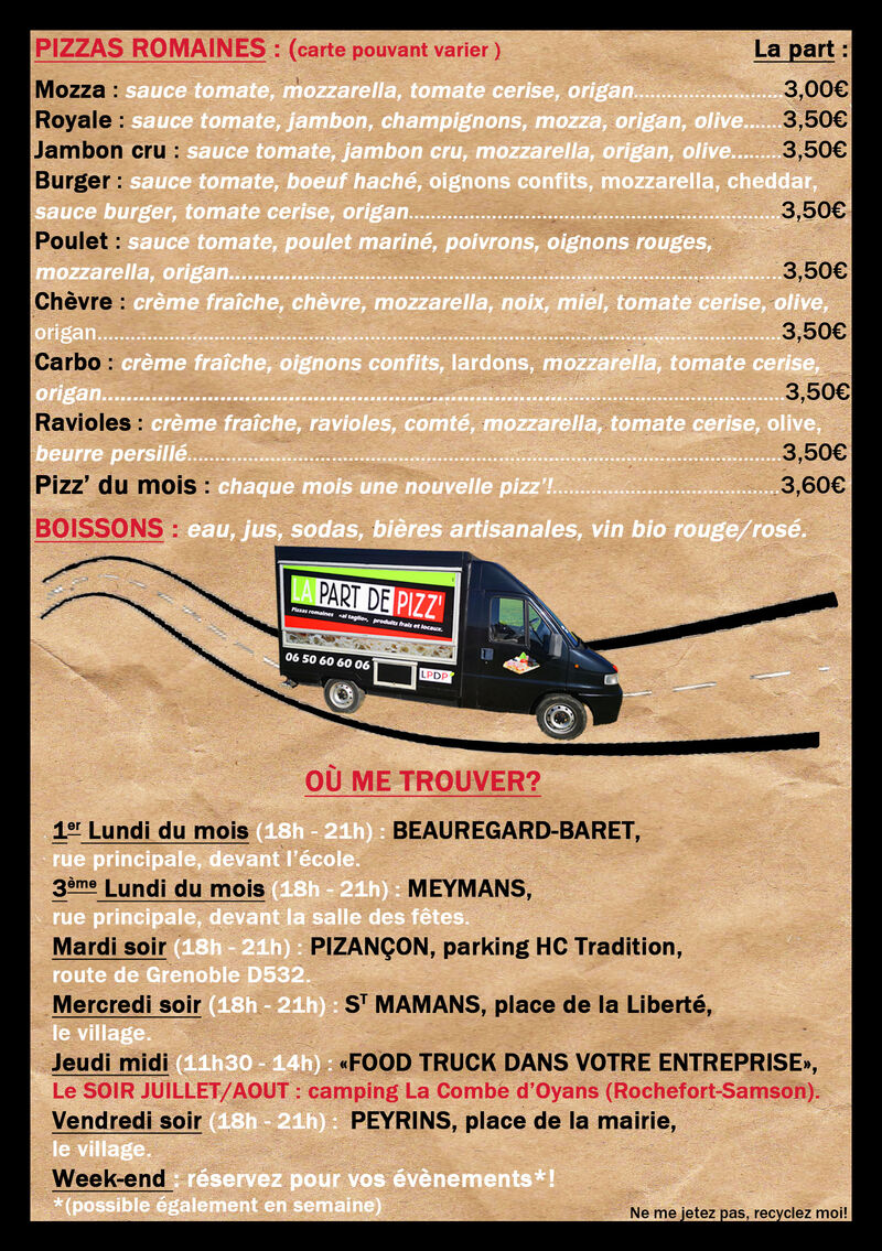 Carte des pizzas et emplacements