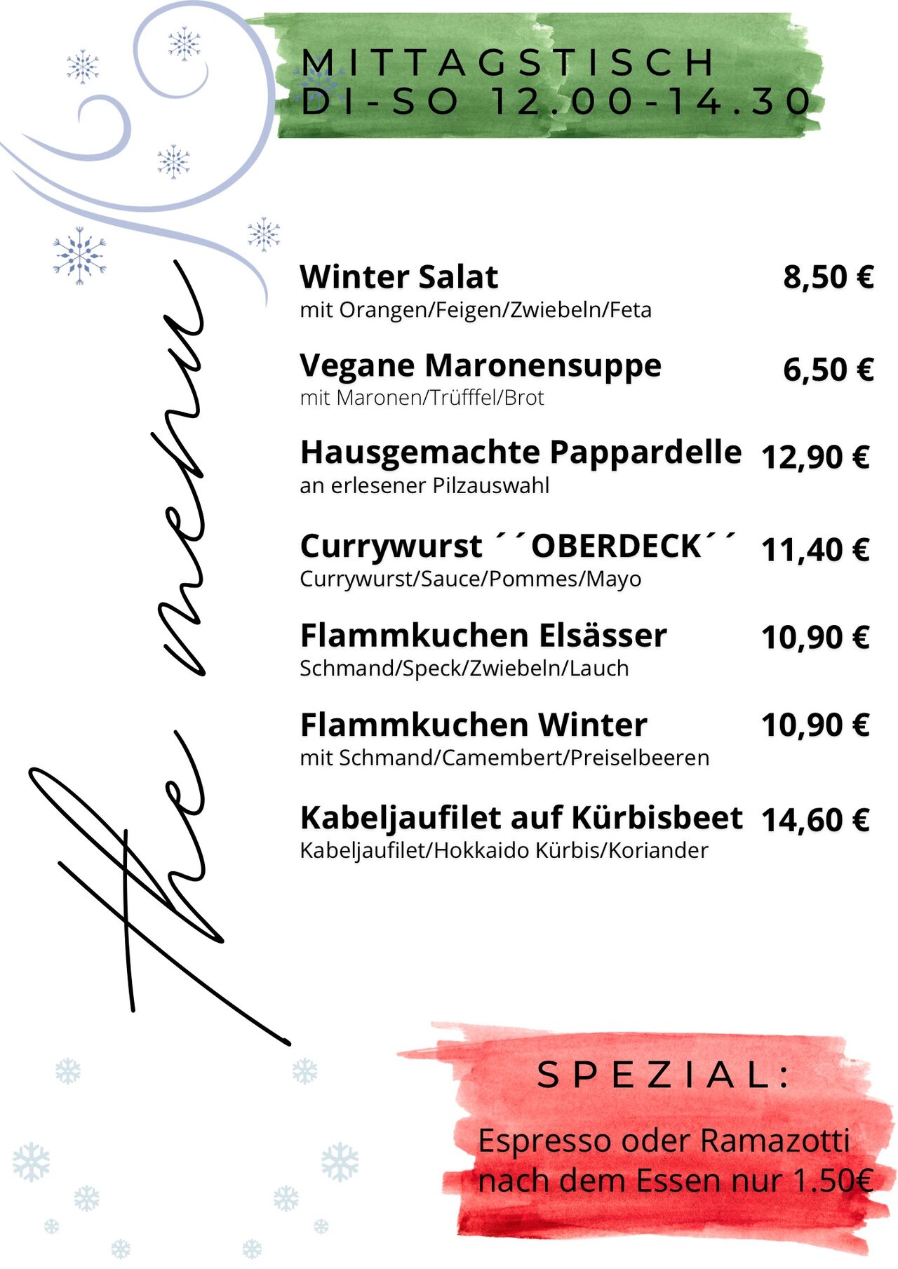 Mittagskarte im Café Kunstpause