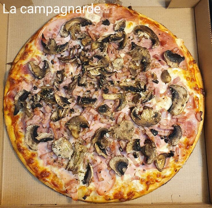 Base tomate, mozza, jambon, lardons, champignons, origan
