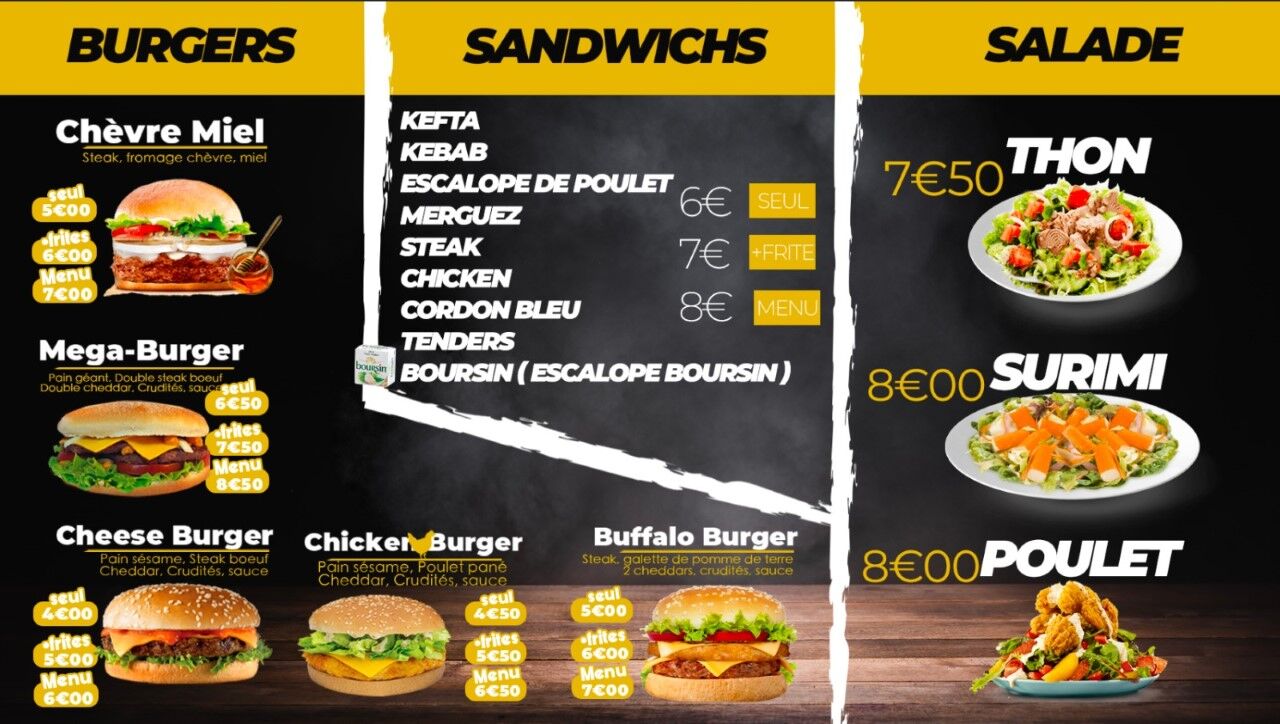 Nos burgers, Sandwichs, Salades