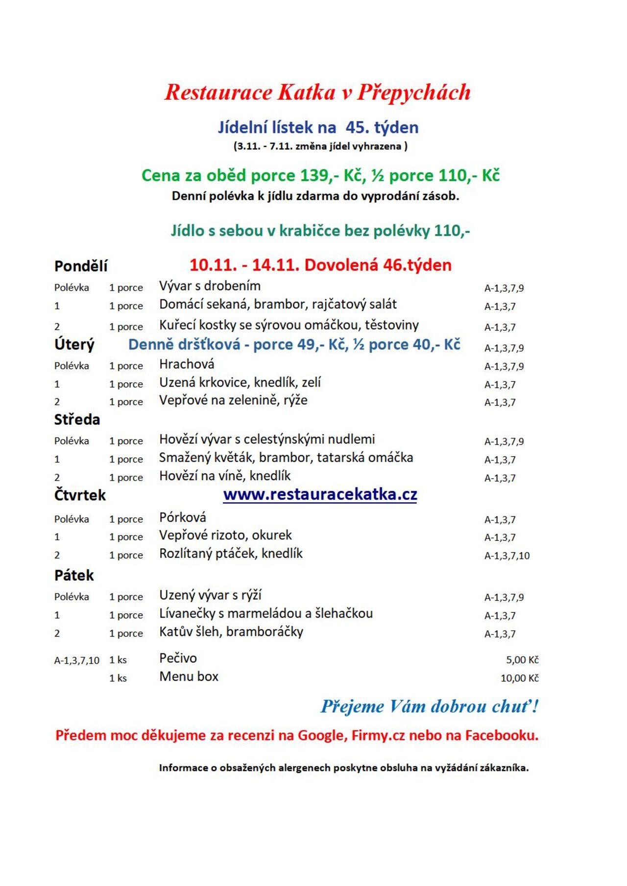 Jídelní lístek na 45. týden 2025