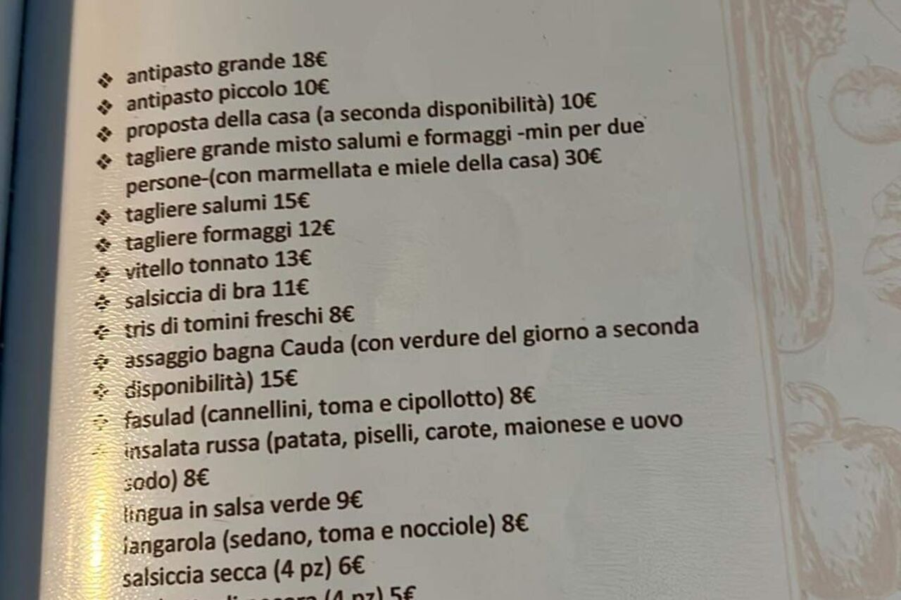 Menu piemontese (a pranzo disponibile su prenotazione)