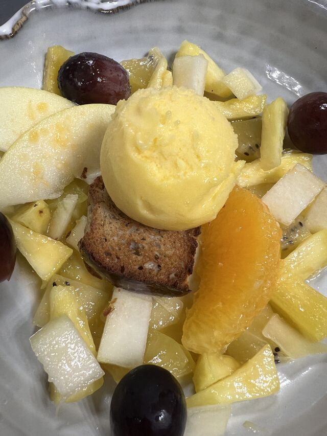Le Méli-Mélo de Fruits de Saison, Brioche à la Châtaigne et Sorbet Clémentine