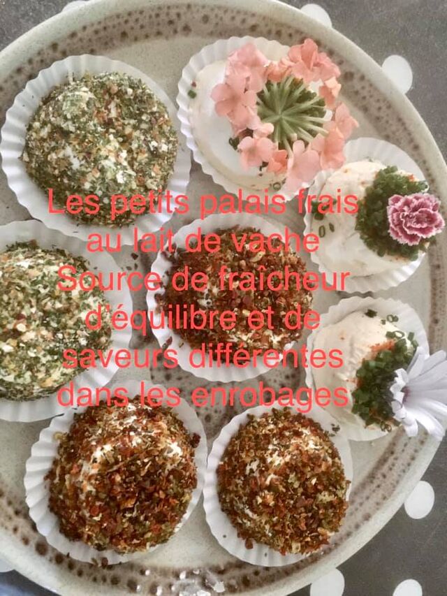 PETITS PALETS FRAIS AU LAIT DE VACHE : lait frais de la ferme, faisselles maison et habillage d'herbes et légumes déshydratés