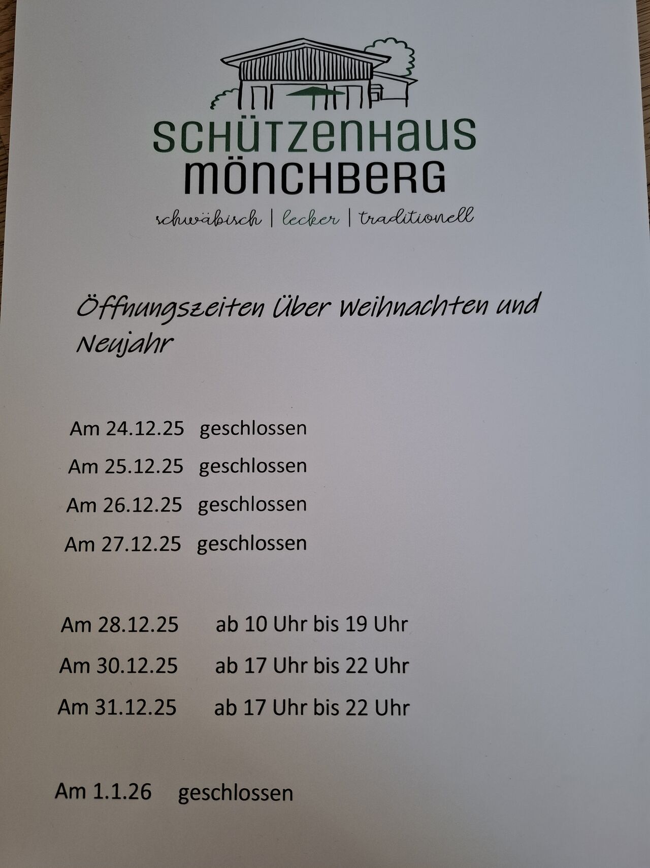 Öffnungszeiten über Weihnachten