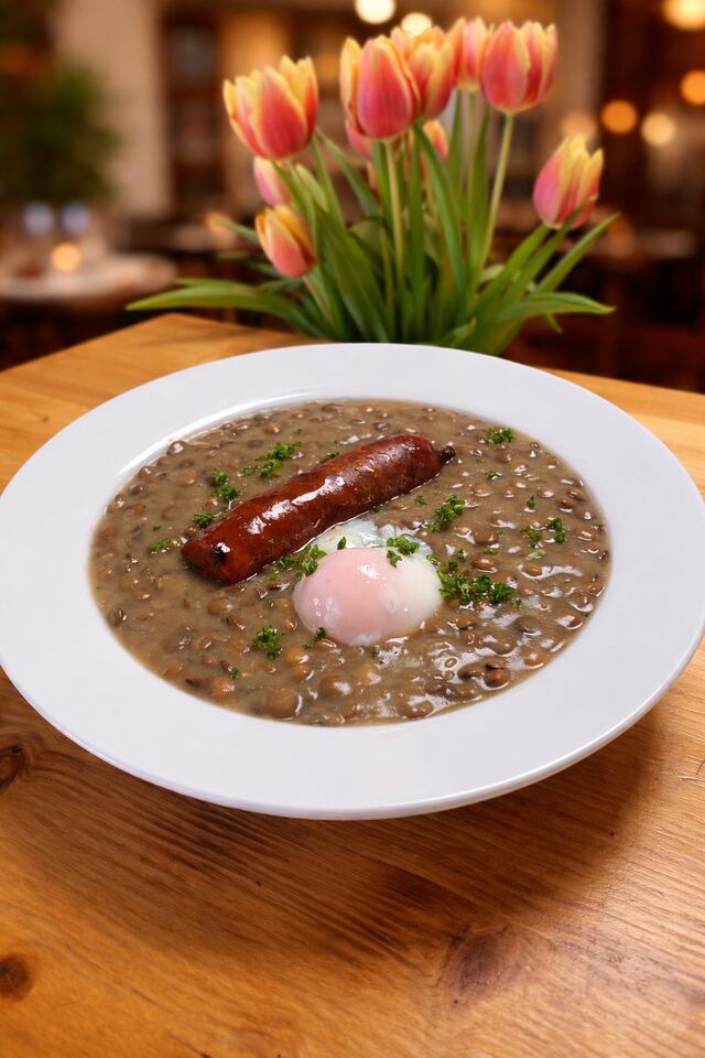 Jemný šošovicový prívarok s klobáskou a poširovaným vajíčkom