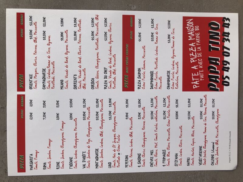 Carte des pizzas à emporter 
