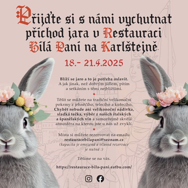 18.-21.4. 2025 Velikonoční hody - pro rezervaci nás neváhejte kontaktovat.