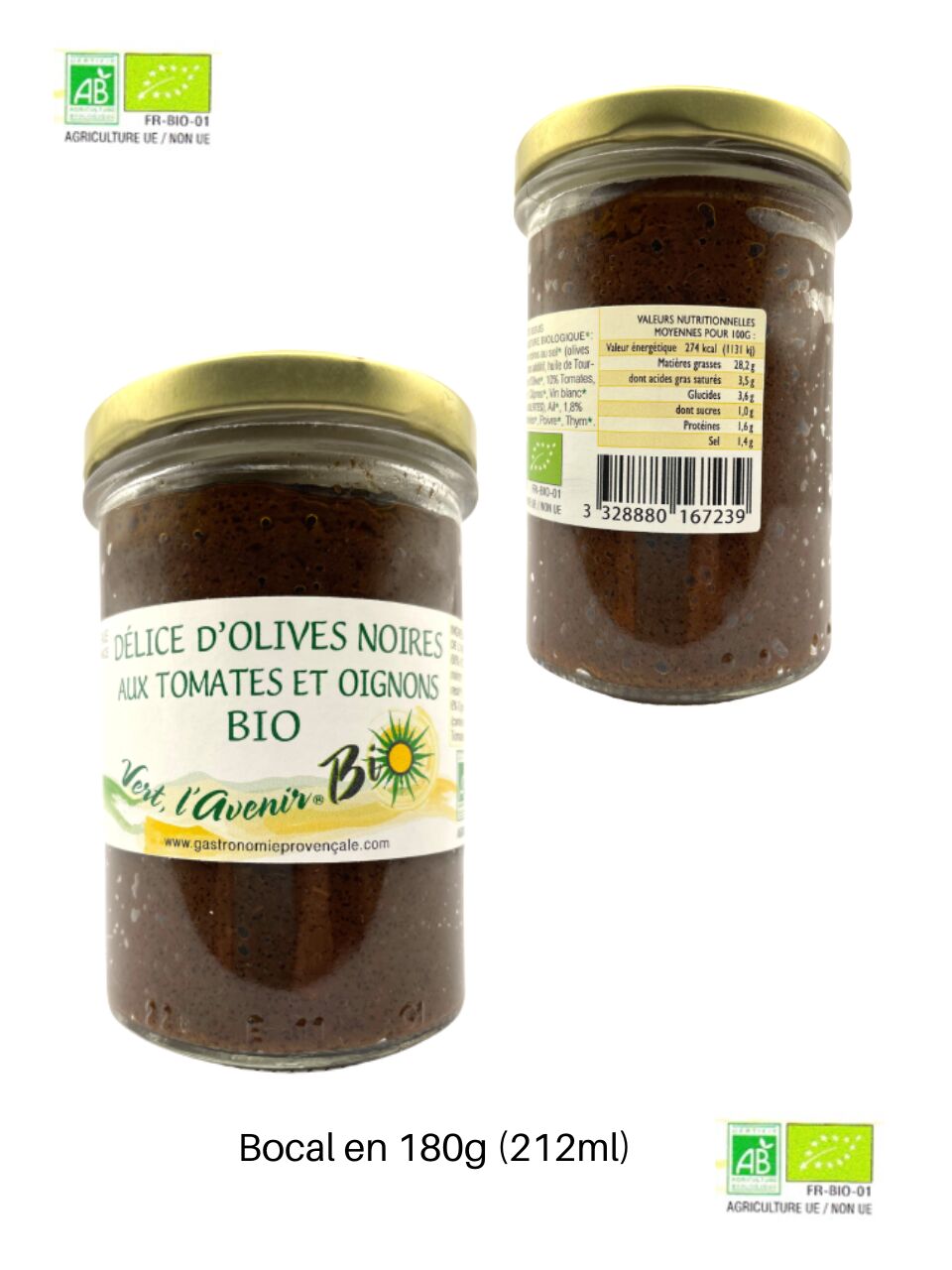 DÉLICE d'OLIVES NOIRES aux TOMATES ET OIGNONS BIO - 180g