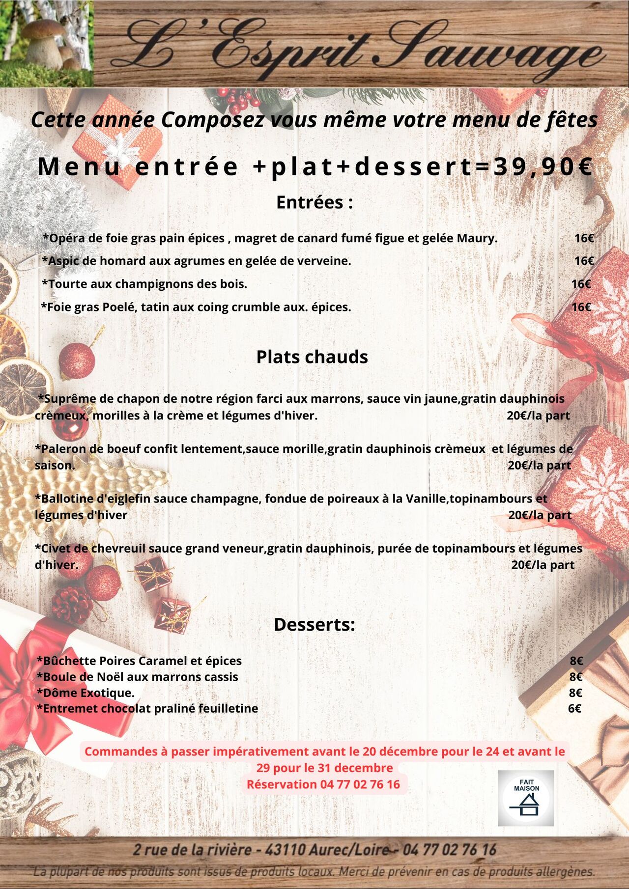 Menus à emporter pour les Fêtes