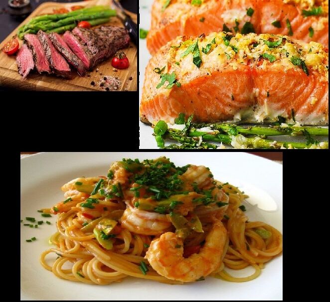 Solomillo a la brasa, salmón al horno, pasta marinera y mucho mas