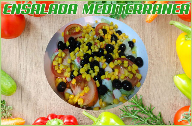 Lechuga, Tomate Nat., Atún, Maíz, Delicias de Mar y Aceitunas Negras.
