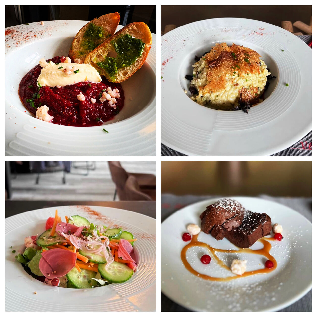 Mousseline betteraves & chevre, risotto aux champignons, salade fraicheur, moelleux chocolat