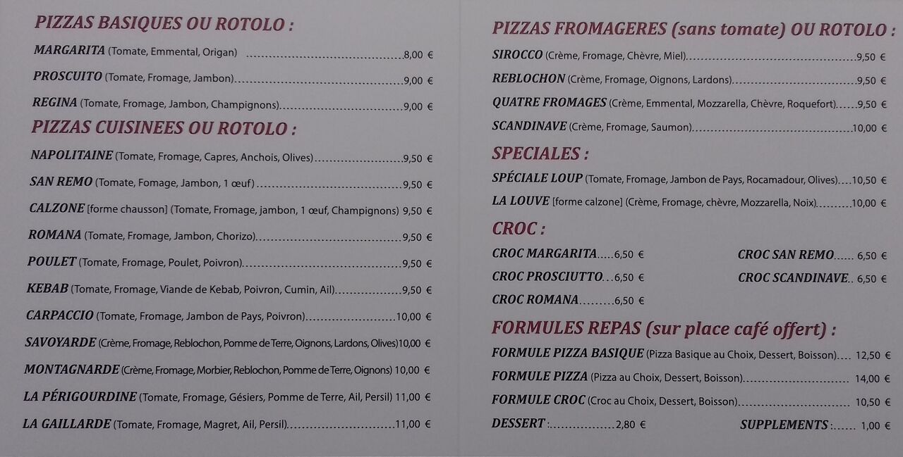 Carte des pizzas