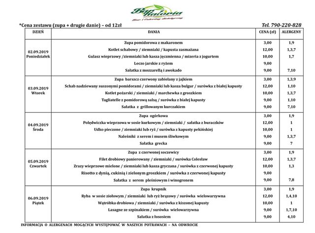 Menu na obecny tydzień