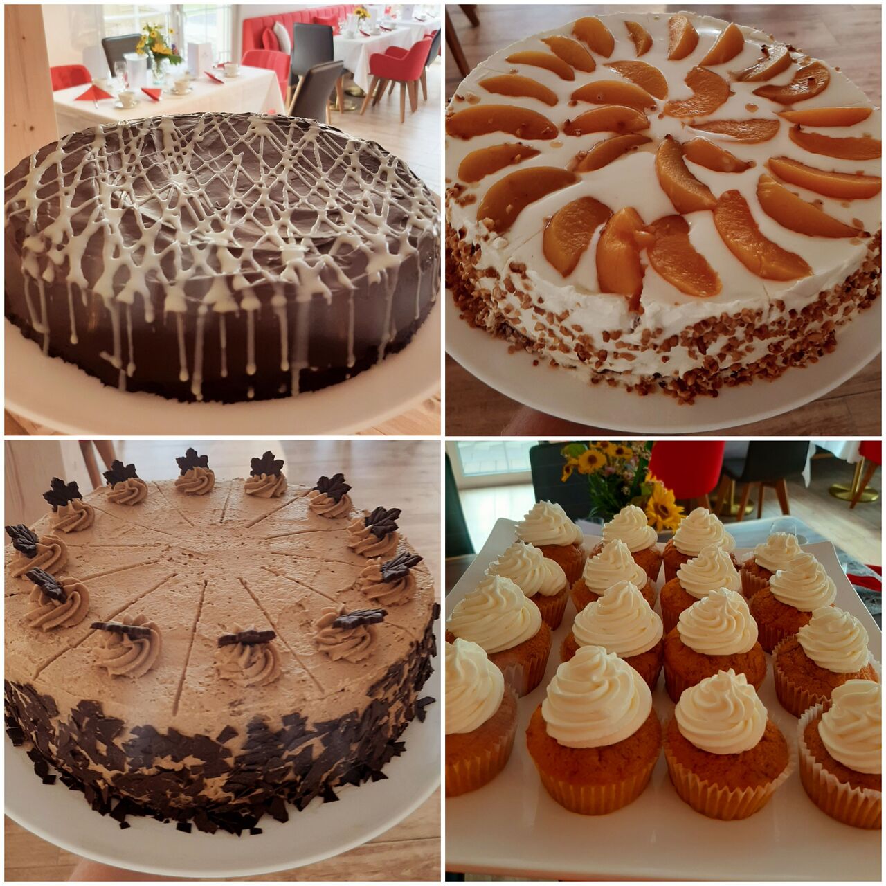Eigene Herstellung // Schokoladenkuchen // Pfirsich-Quark-Torte // Kaffee-Sahne-Torte// Rübli-Frischkäse-Cupcakes //