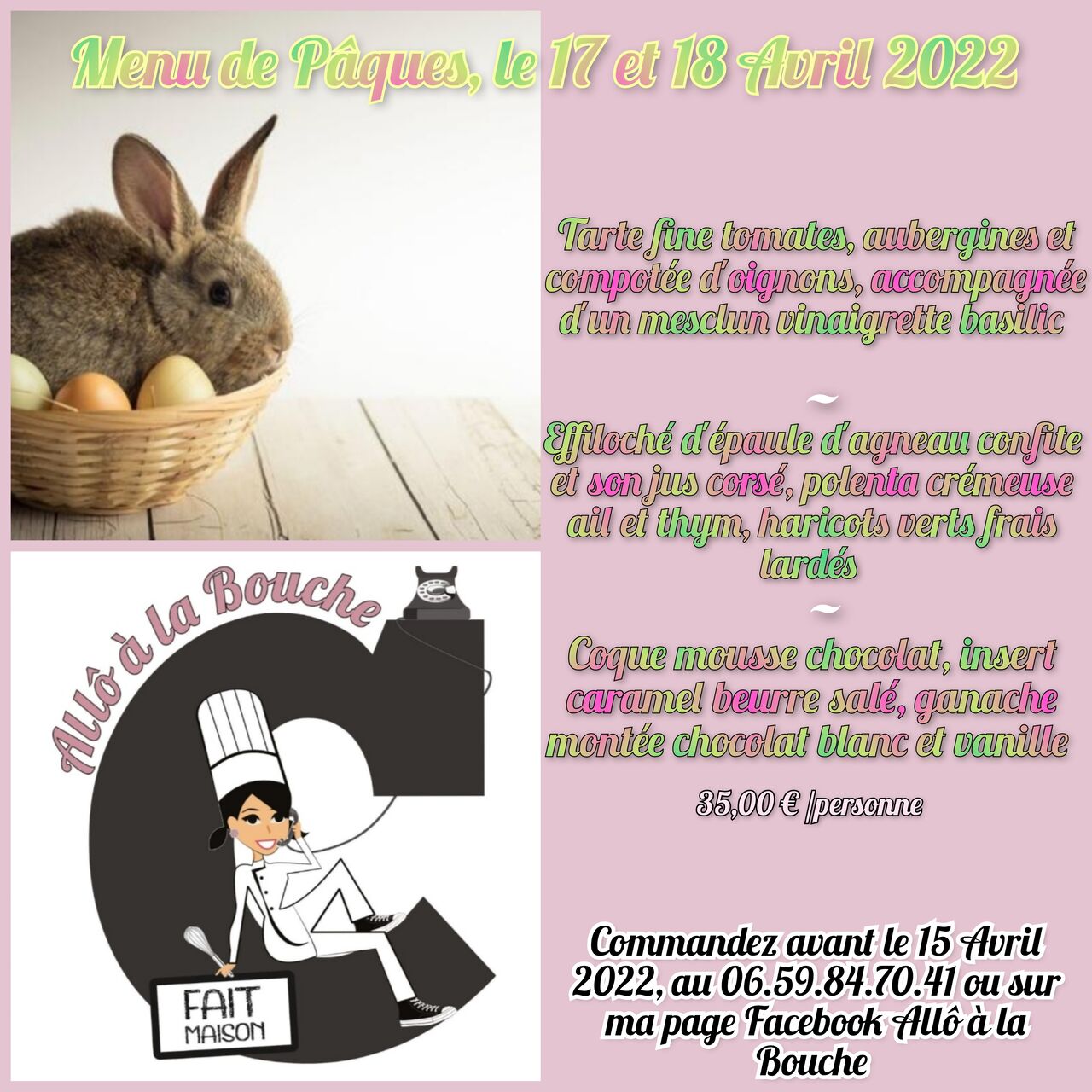 Menu de Pâques 17 et 18 Avril 2022.