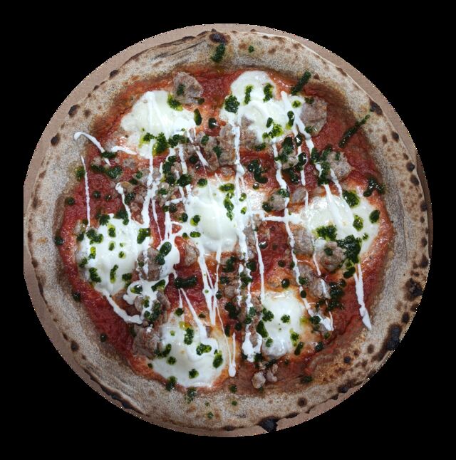 Mars La Salsiccia - Base tomate, buffala, chair à saucisse, persillade maison, filet de crème fraîche 