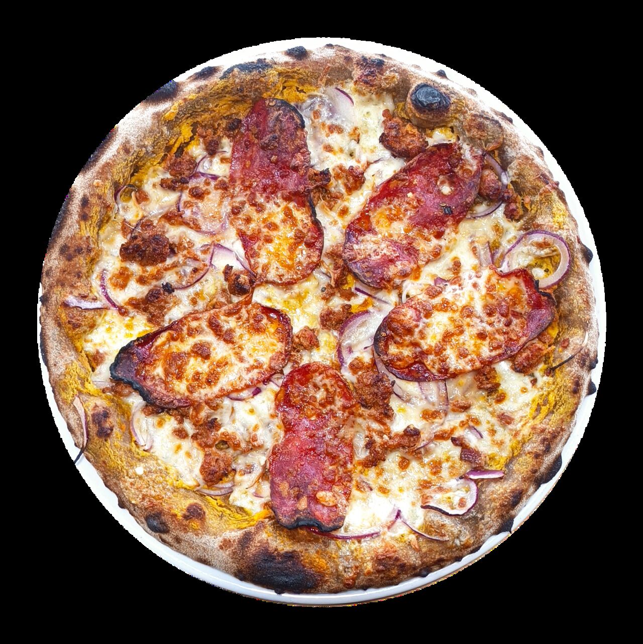 Décembre La Salsiccia e Carota Piccante- base crème de carottes maison, mozza, oignons rouges, chair à saucisse épicé, scamorza