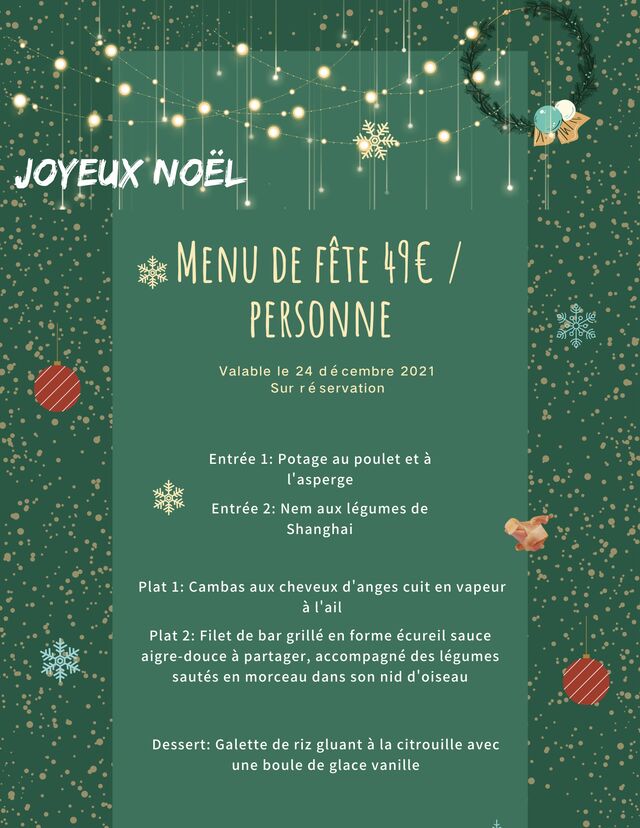 Menu de fête valable le 24/12/2021
Sur réservation avant 12h du 21/12
