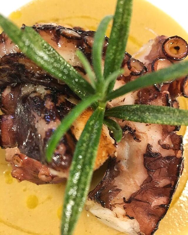 Polipo croccante su crema di ceci e profumo di rosmarino.