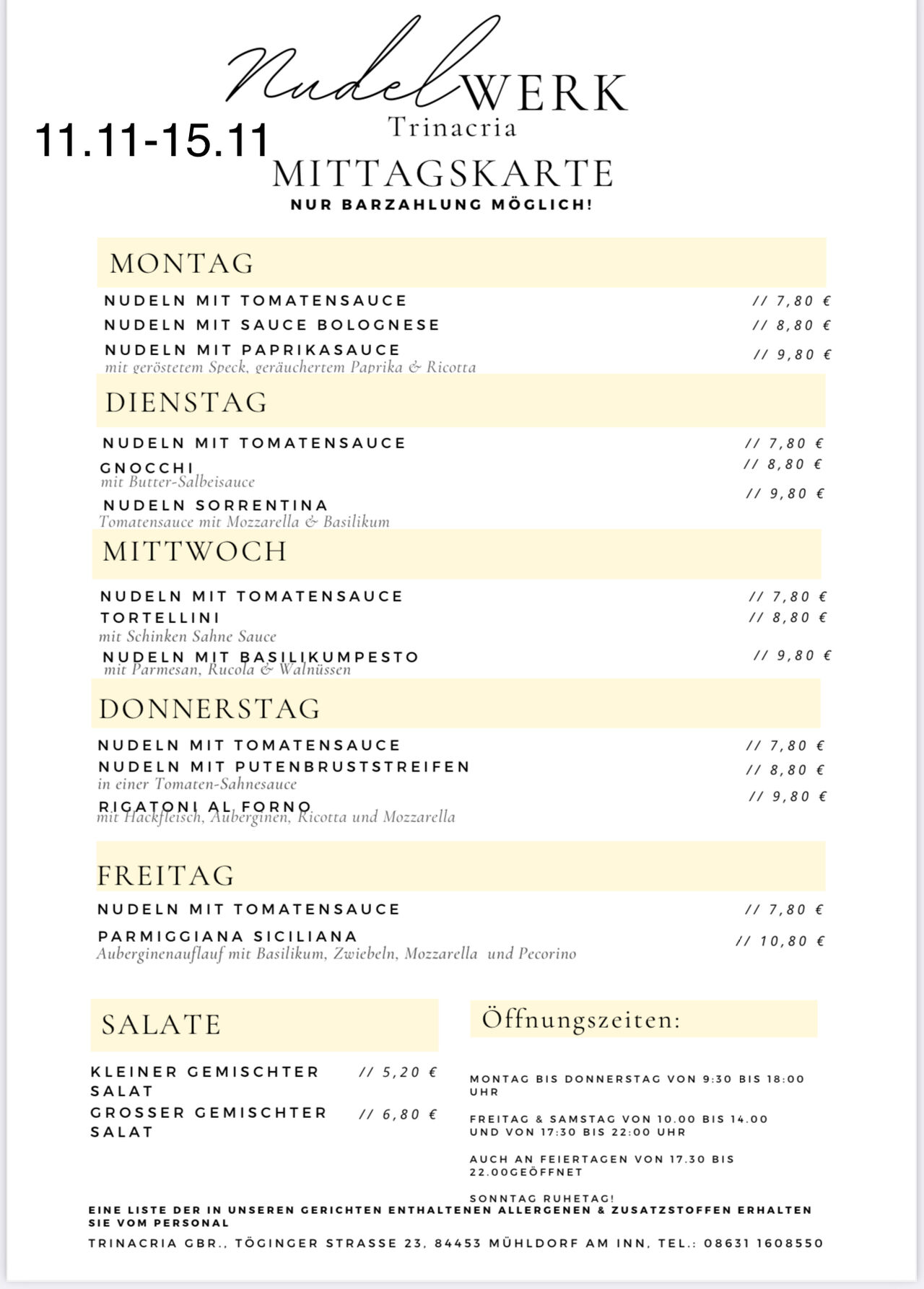 Mittagskarte von 11.11 - 15.11