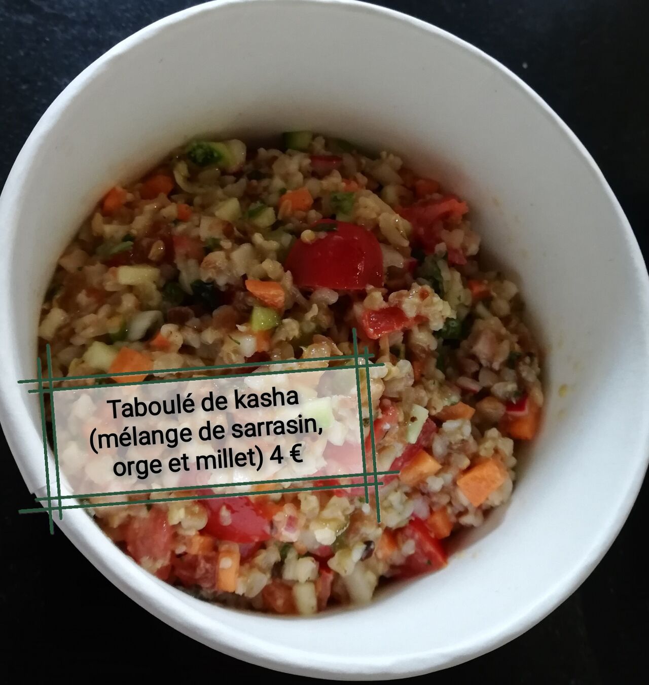 Taboulé de cahsa (mélange de sarrasin, orge et millet)
Au menu du 11 juin 2021 chez Bio'Venue chez nous