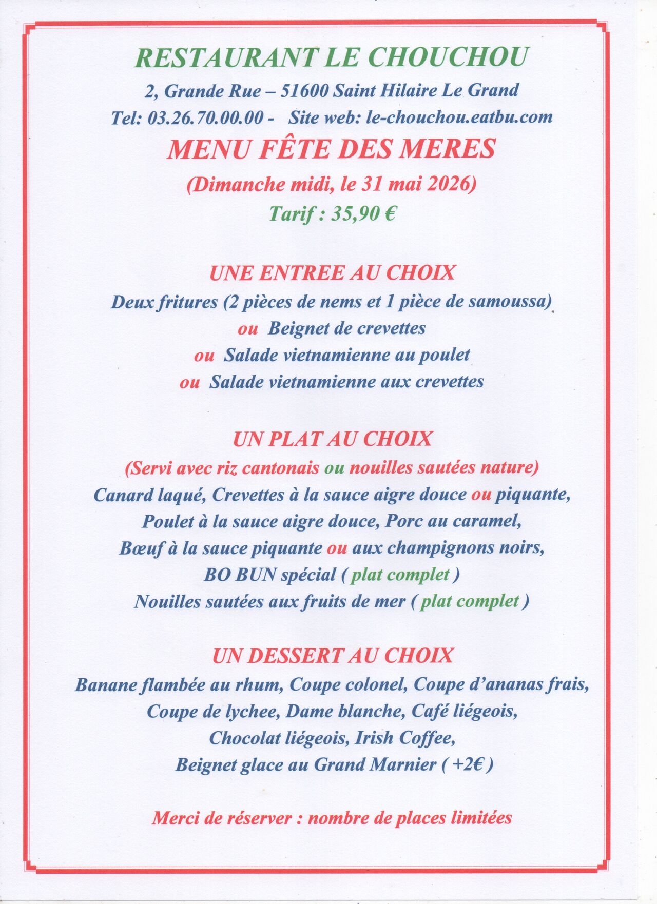 MENU FÊTE DES MERES, DIMANCHE MIDI, LE 31 MAI 2026