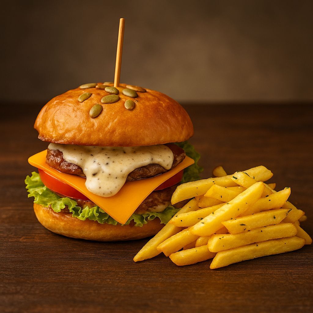 Chiflă, carne suculentă, cheddar topit, legume fresh, un sos, cartofi prăjiți!