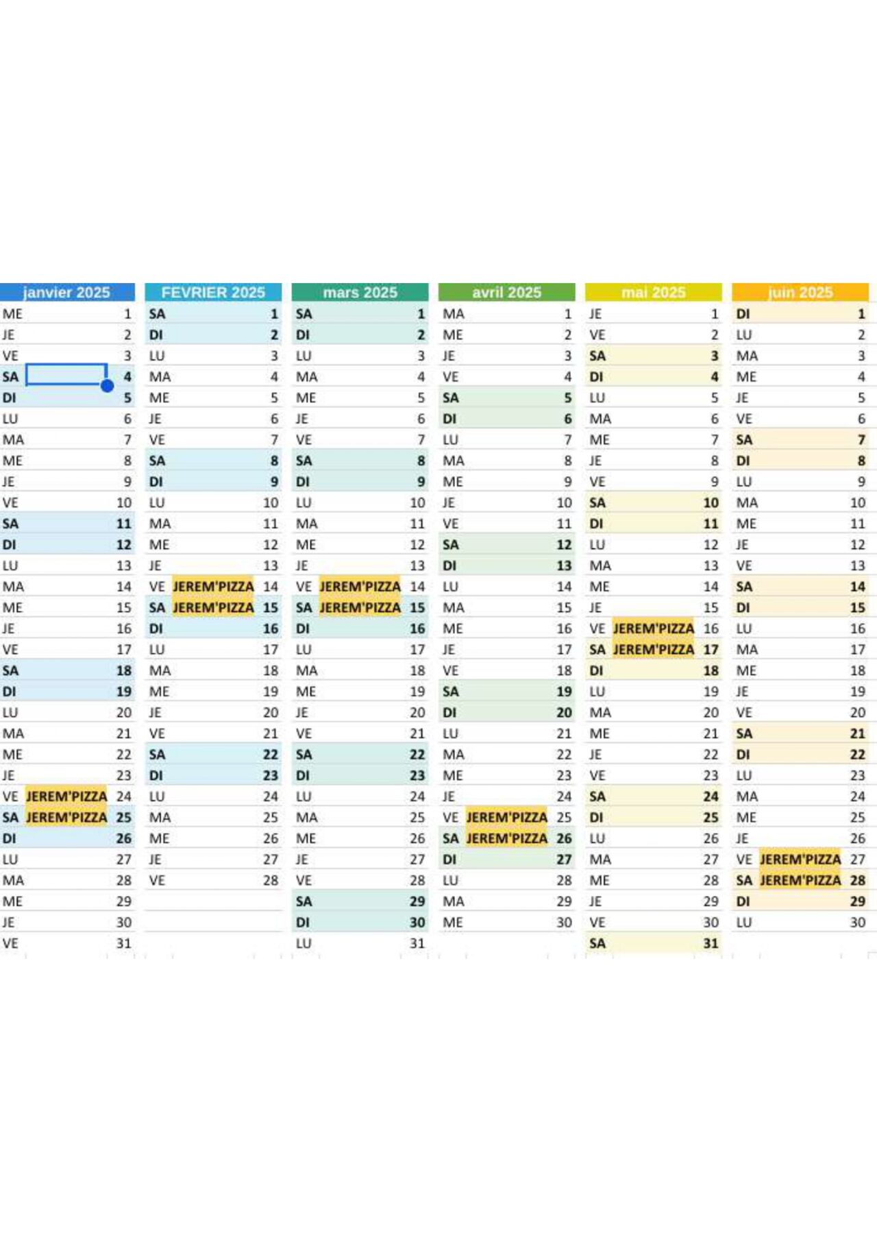 calendrier janvier / juin 2025
