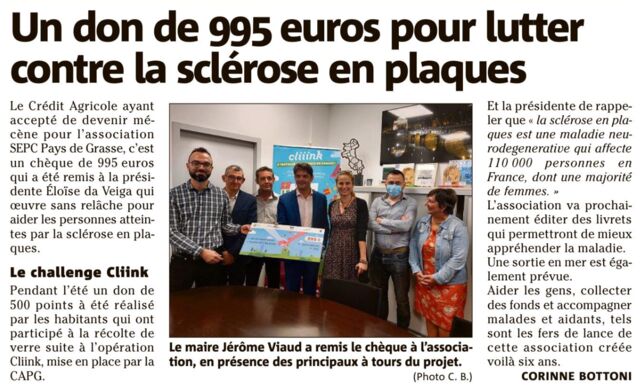 Nice matin 25/10/22, 2ème don cliiink grâce au Crédit Agricole pour S.E.P'C.!!