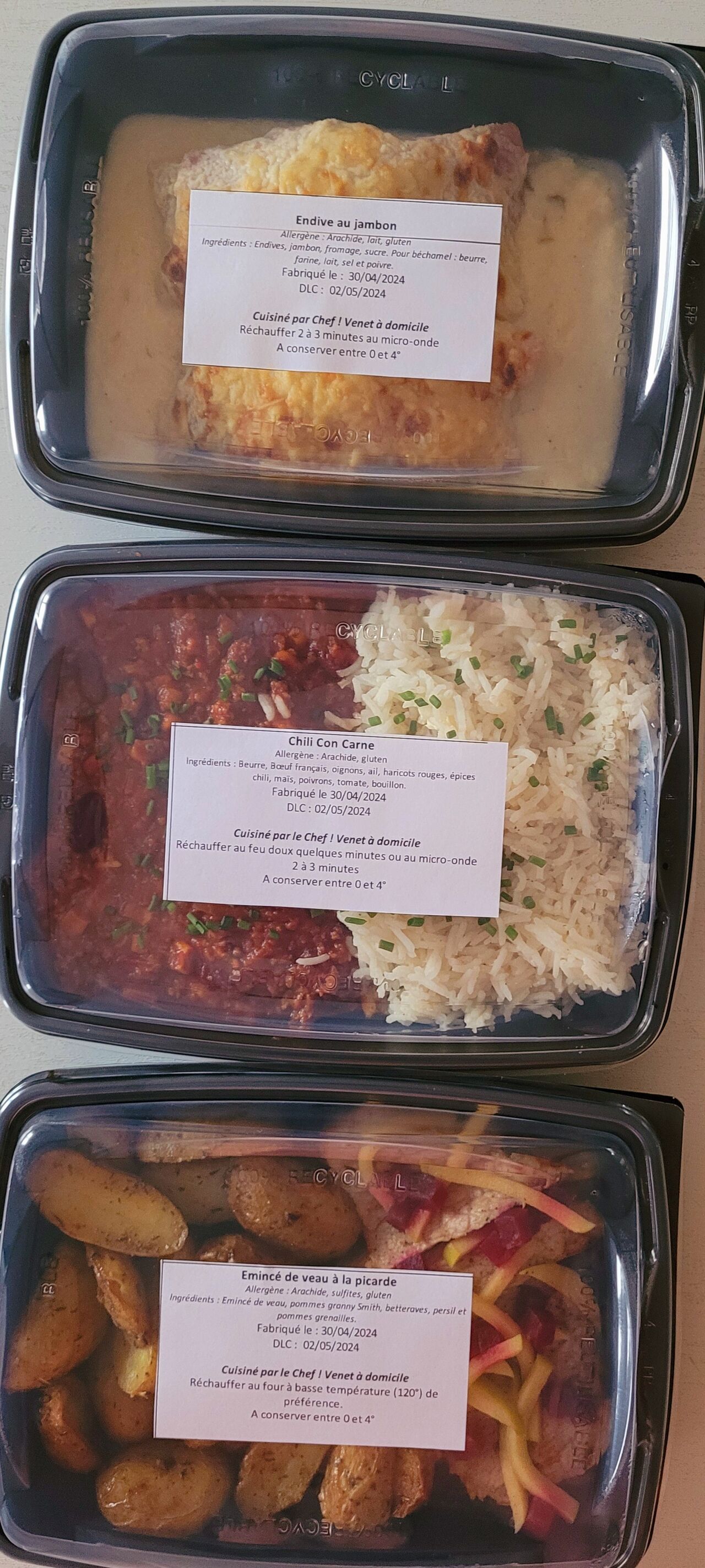 Endives au jambon, chili con carne et émincé de veau à la picarde