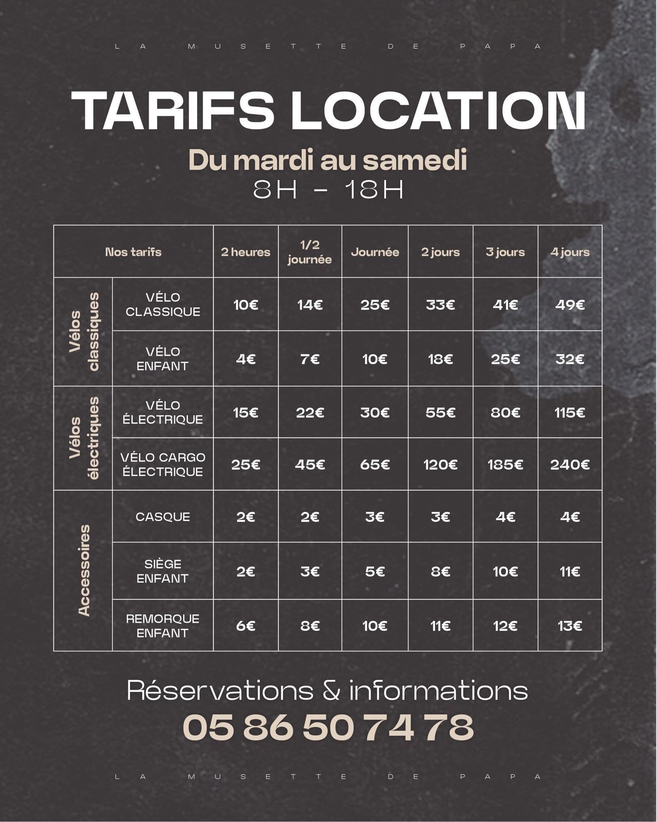 Tarifs location de vélos