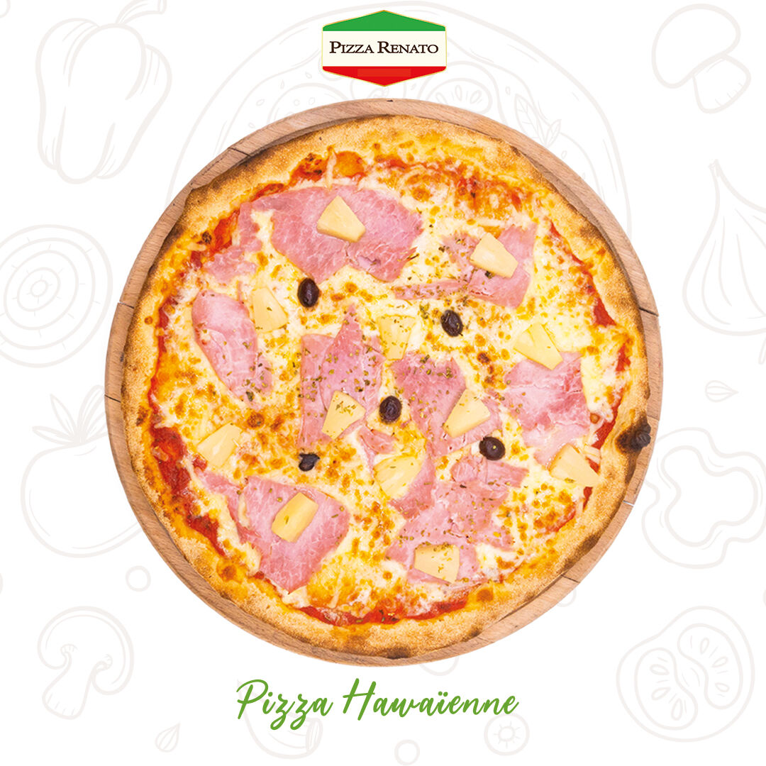 Tomate, fromage, jambon, ananas, olives et origan.33 cm.