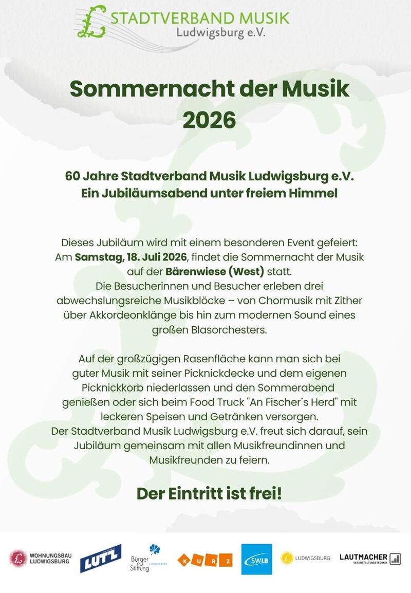 Sommernacht der Musik am 18.07.2026 auf der Bärenwiese in LB!